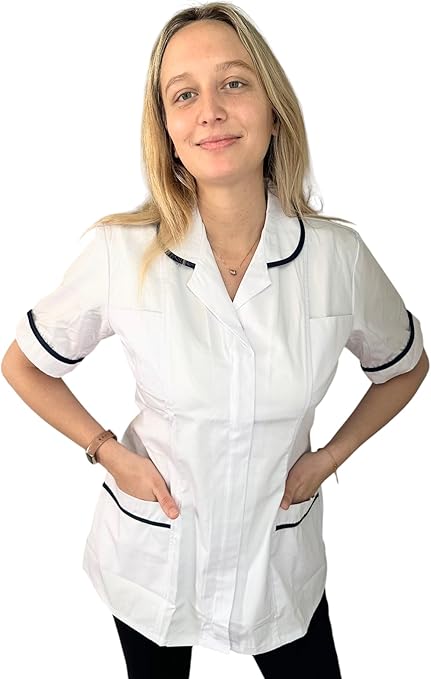 White with Navy Blue Stripes - Healthcare Tunic Woman