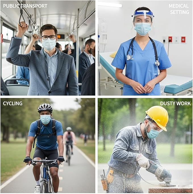 Disposable Blue Face Masks: 3 Ply High Filtration & Dustproof Mouth Cover Covering